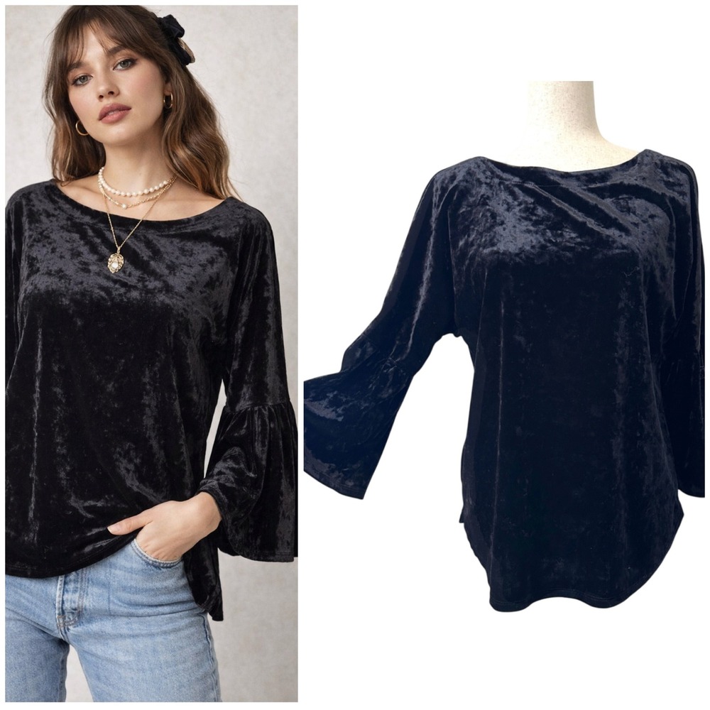 Crushed Velvet Velour Top M Black Bell Sleeve Whimsigoth Boho Blouse In Studio